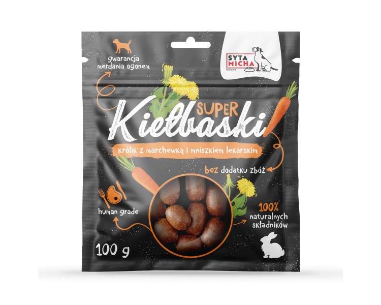 Syta Micha kiełbaski dla psa z królikiem, marchewką i mniszkiem 100g