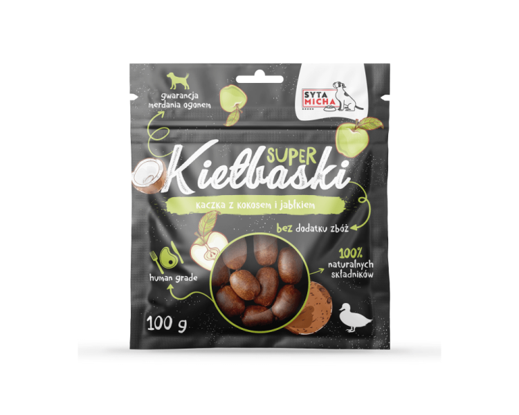 Syta Micha kiełbaski dla psa z kaczką, kokosem i jabłkiem 100g
